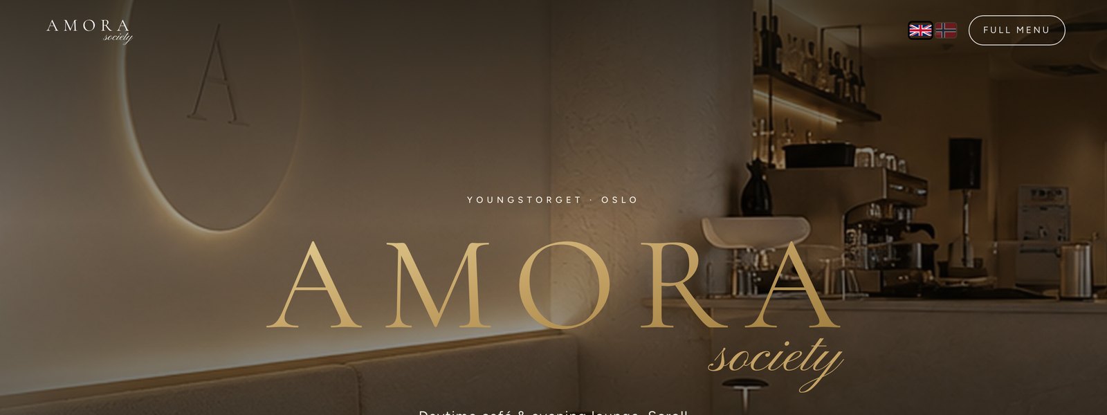 Forsiden til societyamora.com &mdash; kaf&eacute; og lounge p&aring; Youngstorget i Oslo, nettside bygget av Adali
