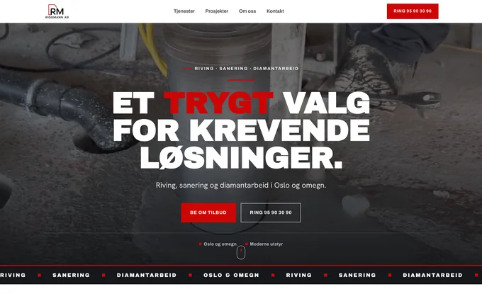 Forsiden til Riggmann AS — riving, sanering og diamantarbeid i Oslo, nettside bygget av Adali
