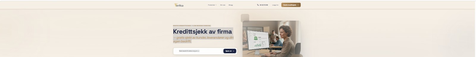 Forsiden til Verifica — plattform for kredittsjekk av norske bedrifter laget av Adali